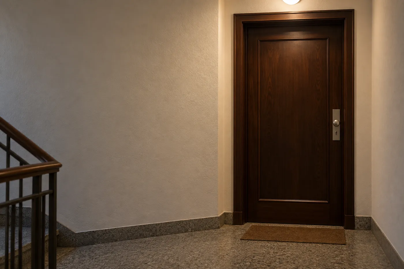 Illustration: geschlossene Wohnungstür im Treppenhaus am Abend